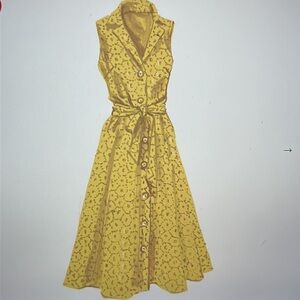 The J. Peterman Company 1947 Yellow Eyelet Button Front Midi Dress with Pockets